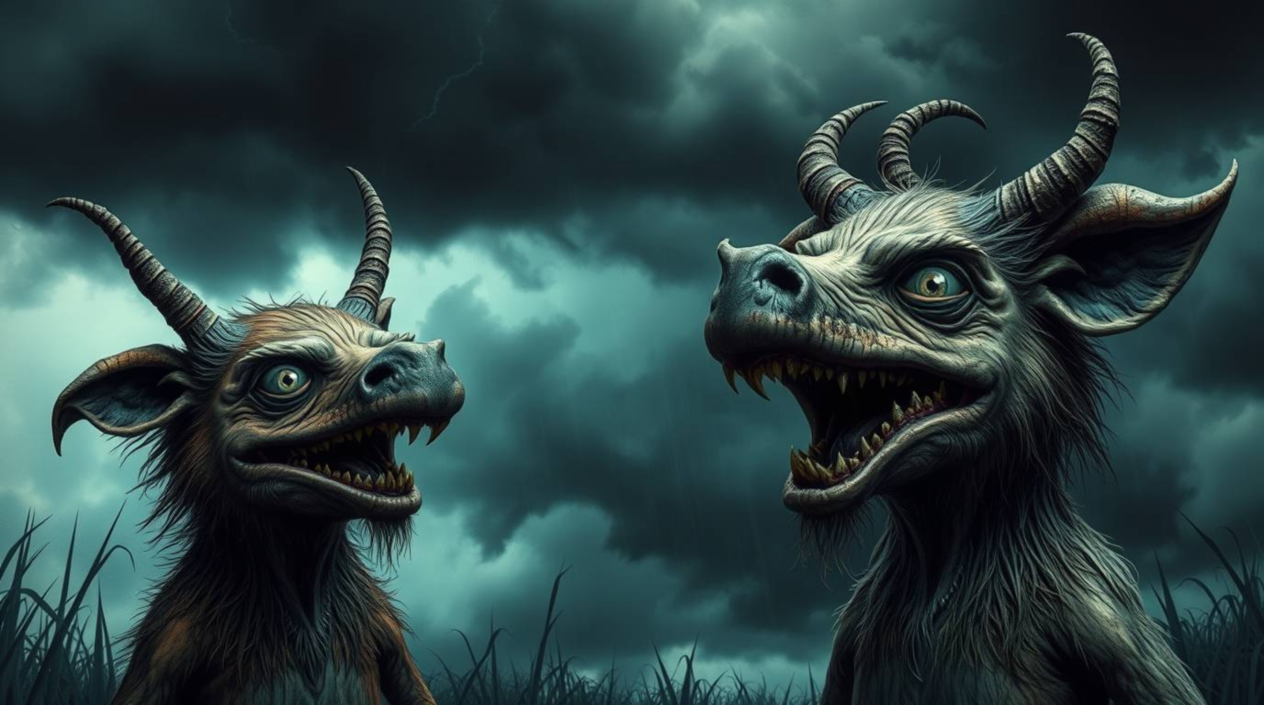 Explore an eerie and creepy image featuring two mischievous talking animals caught in intense dramatic weather. Stormy skies,