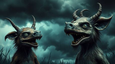 Explore an eerie and creepy image featuring two mischievous talking animals caught in intense dramatic weather. Stormy skies,