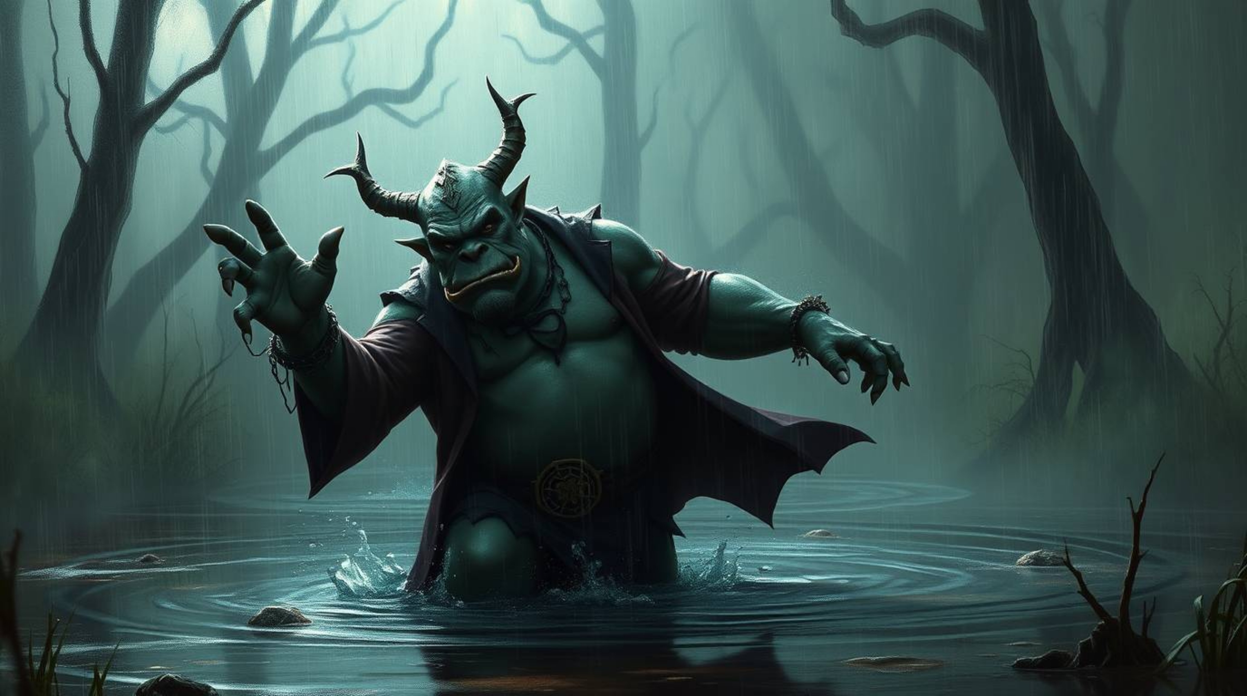 A sophisticated, elegant ogre performs a captivating dance in a mystical swamp under a gentle drizzling rain.  The scene is r