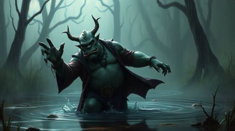 A sophisticated, elegant ogre performs a captivating dance in a mystical swamp under a gentle drizzling rain.  The scene is r