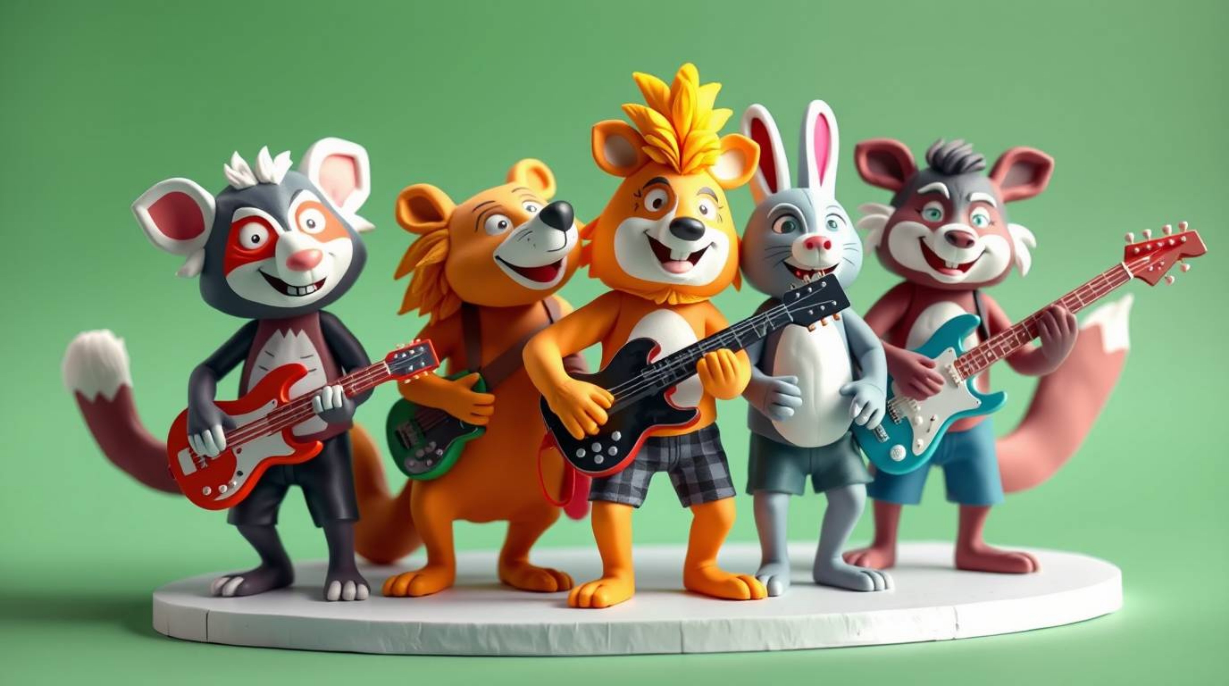 A captivating image of a cartoon animal rock band crafted using a layered papier-mâché technique.  The artwork showcases vibr