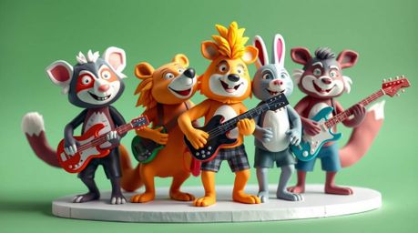 A captivating image of a cartoon animal rock band crafted using a layered papier-mâché technique.  The artwork showcases vibr
