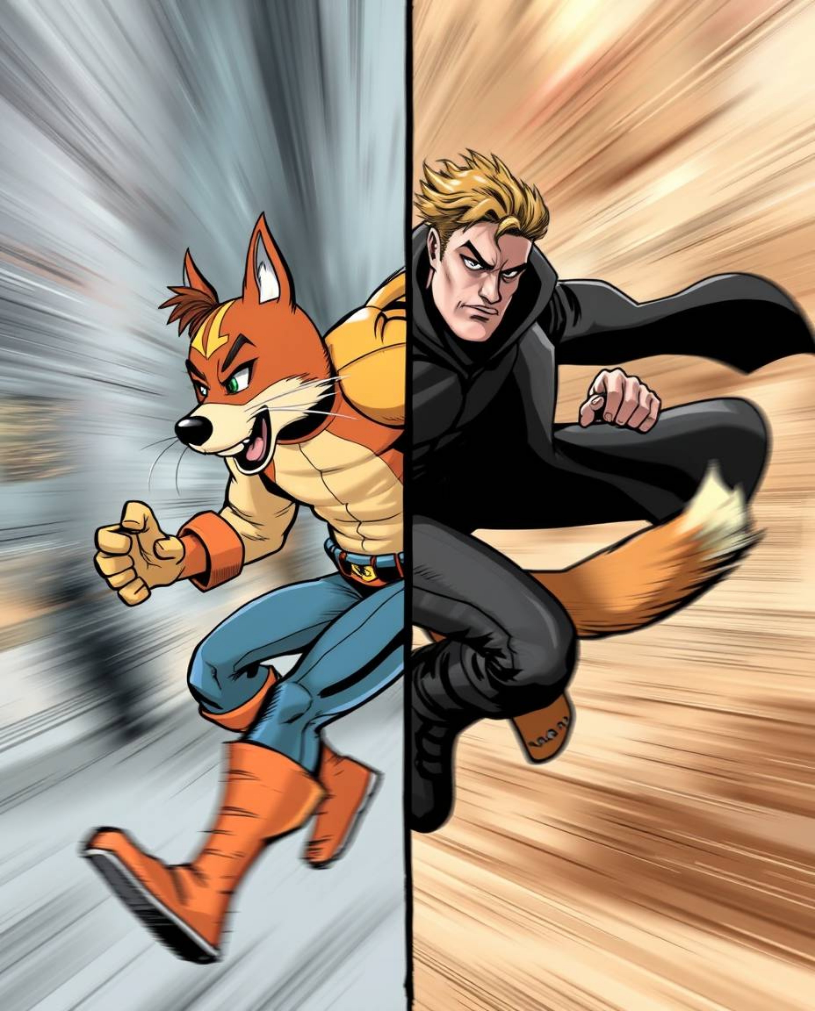 A dynamic split composition captures the essence of adventure, showcasing a hero and their talking animal sidekick in motion.