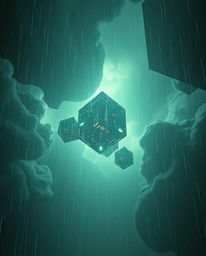 Immerse yourself in a cinematic and high-tension film still featuring glitched geometric shapes adrift in a stormy cyberspace