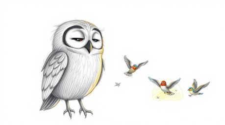 A heartwarming hand-drawn sketch in the style of Pixar depicts a wise, blind owl gently teaching a diverse class of birds to 