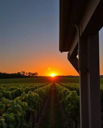 A precise architectural color photograph captures a tight close-up shot of a sunset over a vineyard. This image emphasizes sh