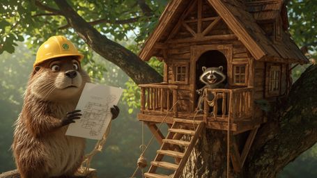 A high-resolution, Pixar-inspired stock photo shows a beaver, wearing a miniature hard hat and holding a tiny blueprint, buil