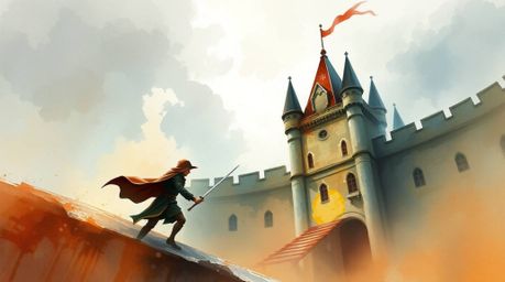 A delicate watercolor painting depicts a thief sneaking into a heavily guarded castle, showcasing translucent washes, fluid b