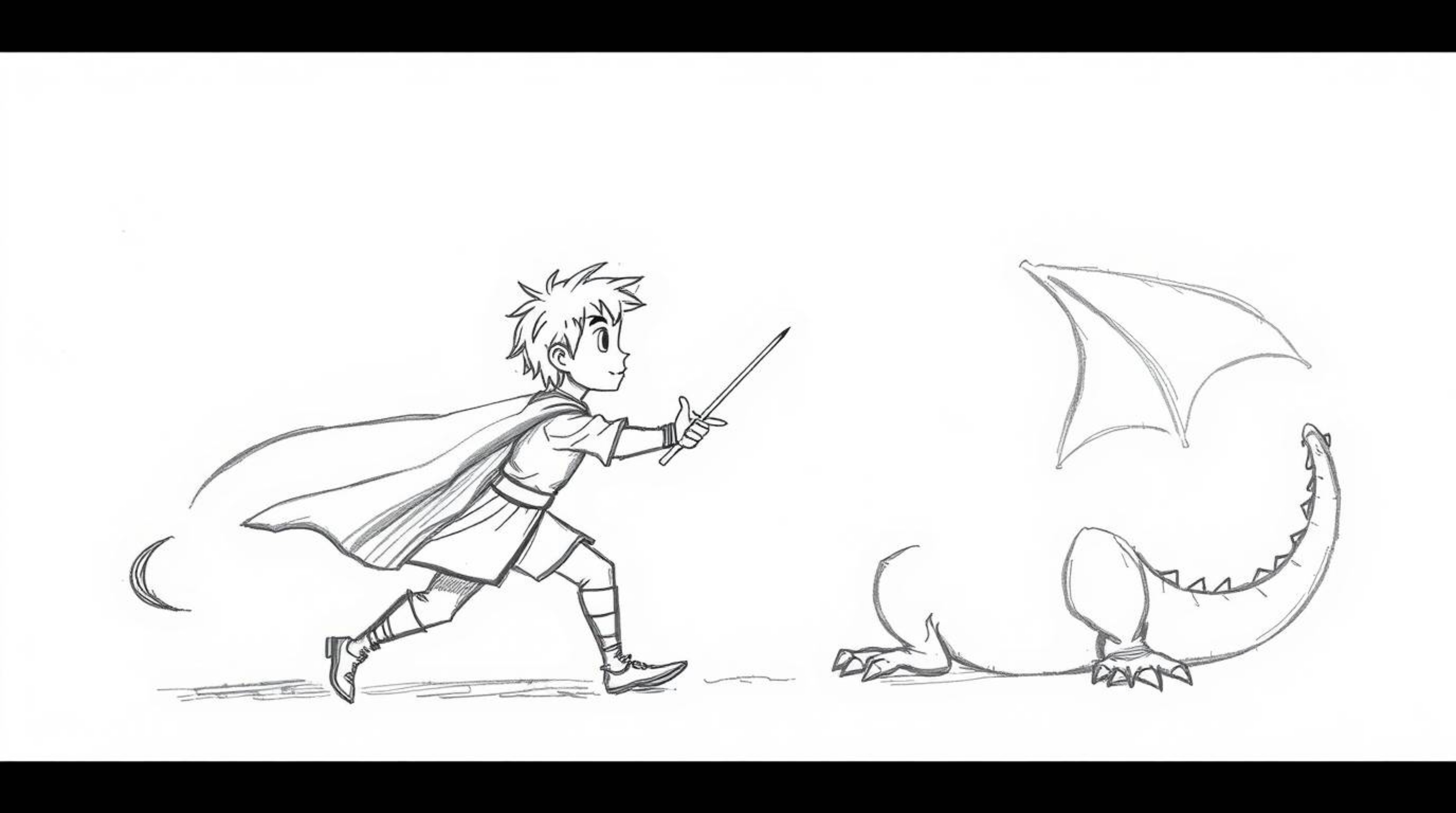 A captivating hand-drawn sketch in the style of 1950s animation depicts a charming prince valiantly battling a fearsome drago