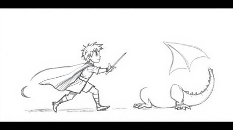 A captivating hand-drawn sketch in the style of 1950s animation depicts a charming prince valiantly battling a fearsome drago