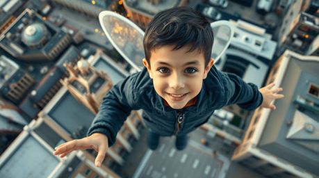 An architectural color photograph from a bird's eye view shows a young boy with short black hair soaring above London, powere