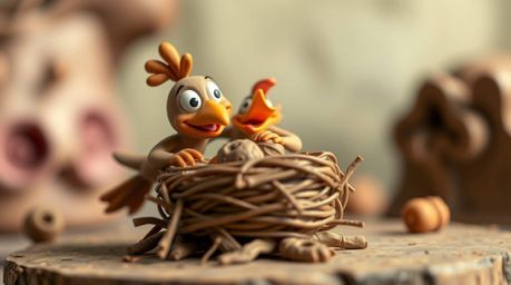 This dynamic sculptural clay art piece captures the heartwarming scene of two cartoon birds diligently building their nest. C