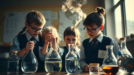 A captivating fine art photograph depicts a group of quirky children in school uniforms conducting science experiments.  The 