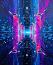 A bold acrylic painting showcasing a futuristic digital interface comprised of geometric patterns with a holographic aestheti