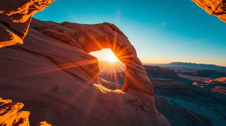 Capture the breathtaking beauty of a desert sunset through a natural rock arch with this stunning overhead photograph.  The b