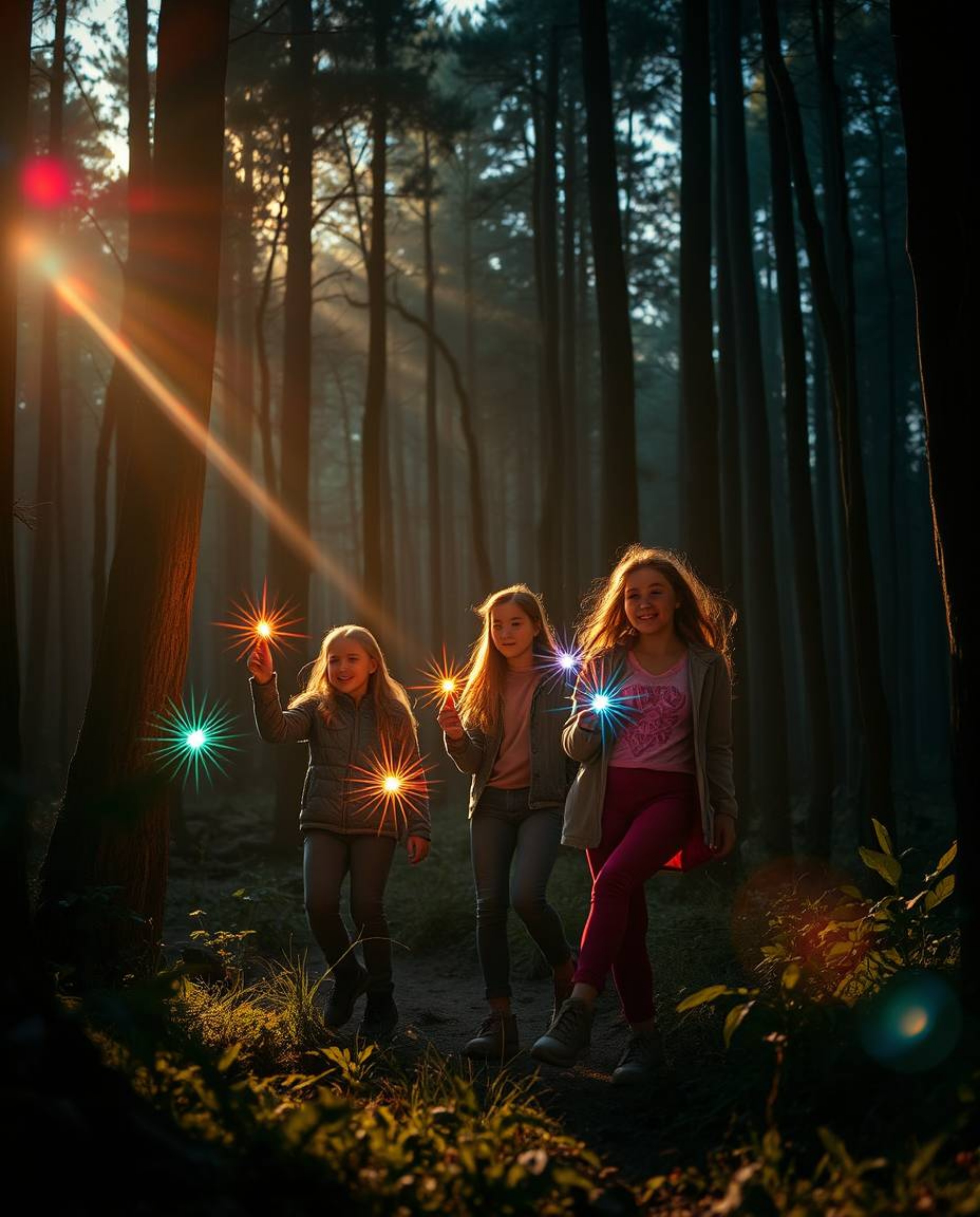 Explore a professionally styled photograph capturing a group of friends with unique powers venturing into a forest. The image