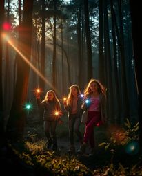Explore a professionally styled photograph capturing a group of friends with unique powers venturing into a forest. The image