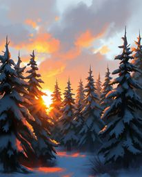 An epic, dynamic digital sketch captures the enchanting scene of sunset light sparkling on snowy pine trees. Using loose, pai