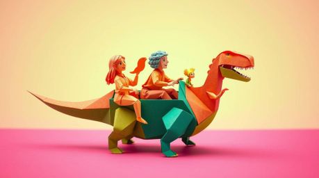 A charming scene depicting a prehistoric family joyfully riding in their dinosaur car, rendered in a bright and vibrant origa