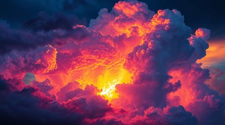 A stunning digital painting depicts a vibrant thunderstorm illuminated by a dramatic sunset.  The artwork bursts with intense