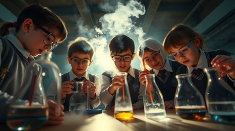 A captivating high-angle photograph showcases a group of uniquely expressive children in school uniforms conducting exciting 