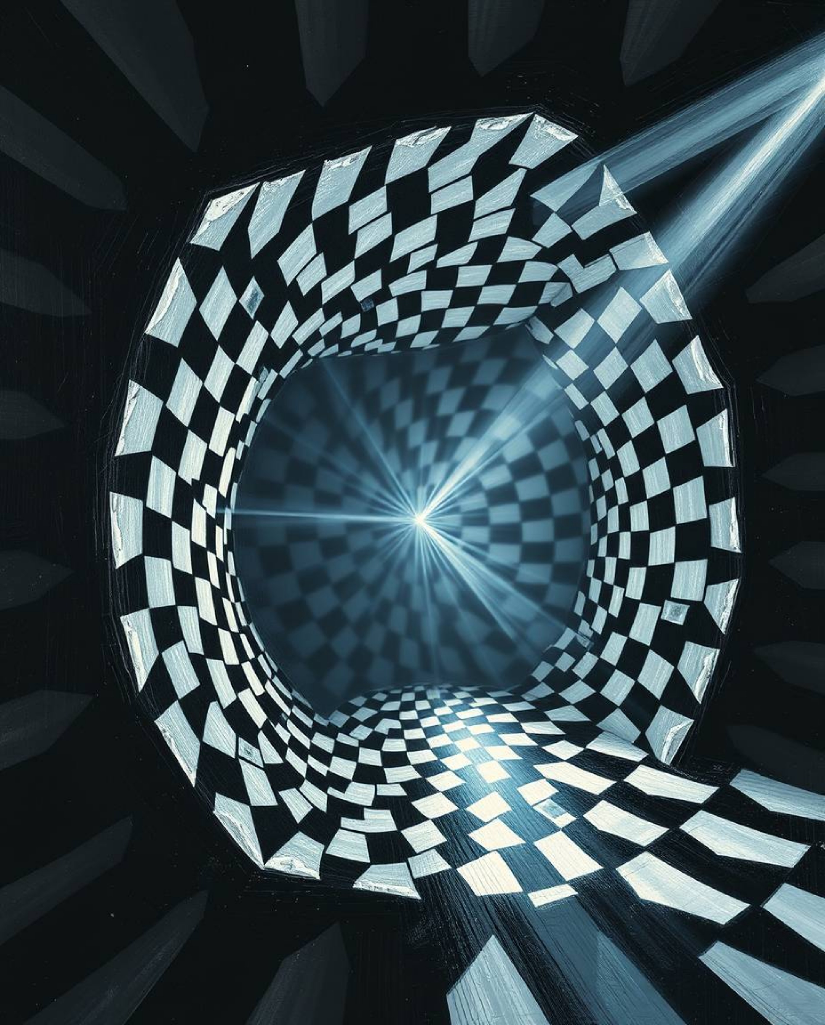 A stunning classic oil painting showcasing a volumetrically lit extreme close-up of a mesmerizing black and white geometric o