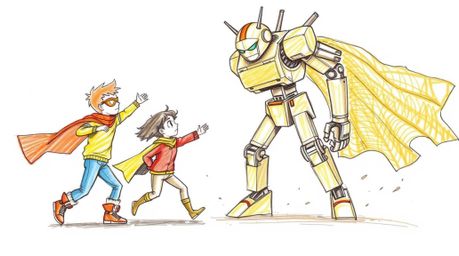 A captivating hand-drawn sketch depicts three superpowered children engaging in an intense battle against a formidable robot.