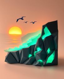 This is an intricate origami-style depiction of a coastal cliff sunset, featuring soaring birds with adorable and charming fe