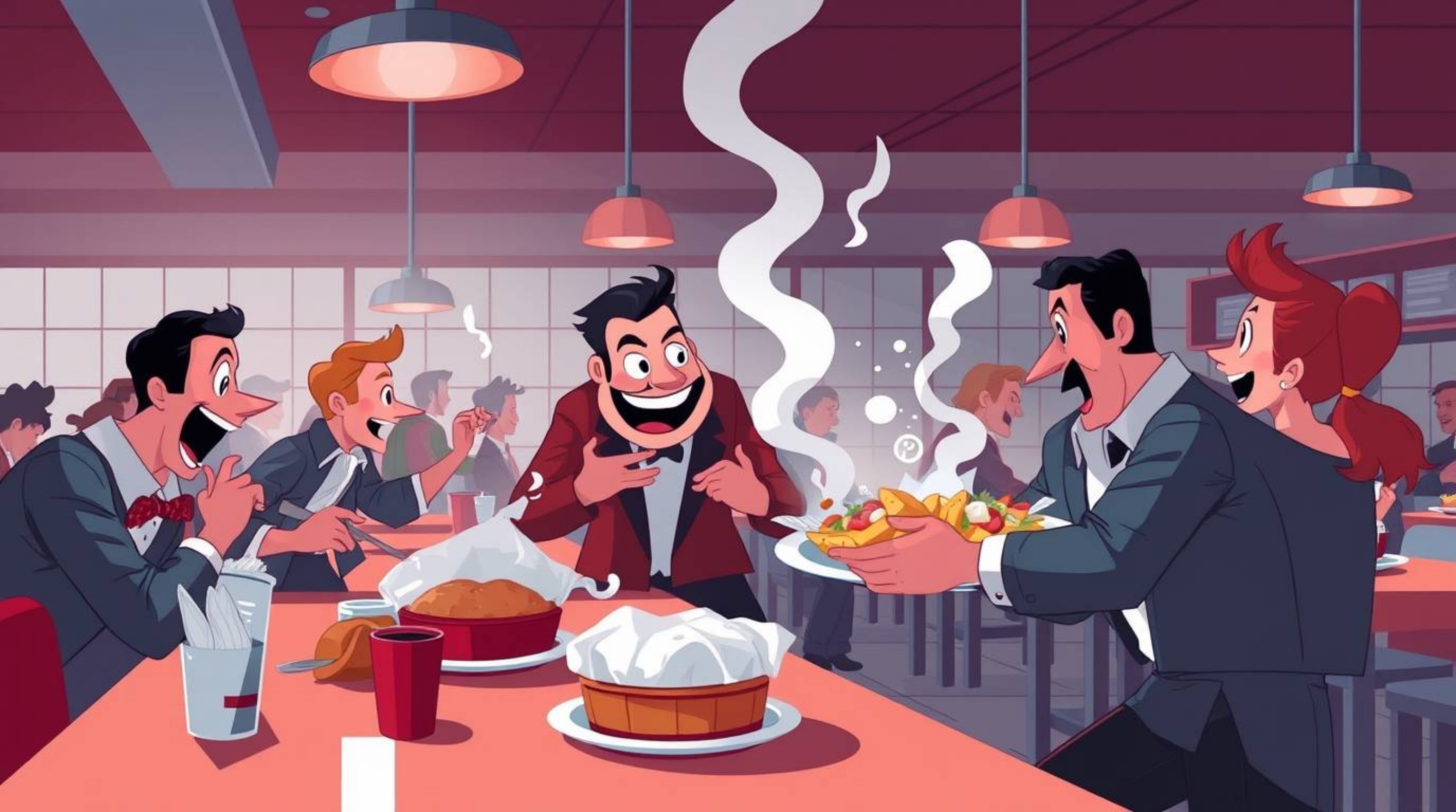 Experience a sophisticated and elegant cartoon cafeteria food fight rendered in rich burgundy and deep blue hues. This scene 