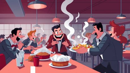 Experience a sophisticated and elegant cartoon cafeteria food fight rendered in rich burgundy and deep blue hues. This scene 