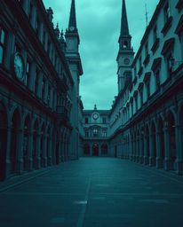 A captivating architectural photograph showcases an empty town square bathed in rich, deep teal hues.  The image features tic