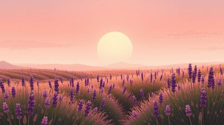 This illustration captures a serene scene of lavender fields bathed in the ethereal glow of a dreamy pink sky. The artwork is