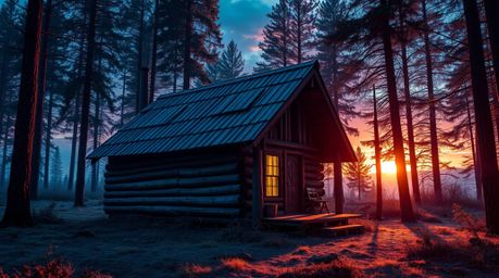 Experience a unique blend of rustic charm and futuristic technology in this captivating image. An old wooden cabin nestled in