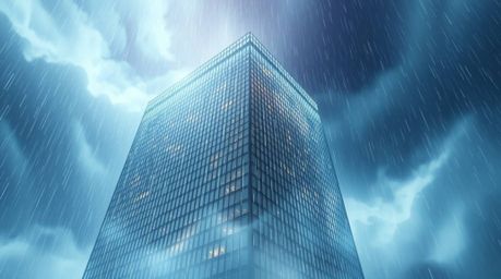 This epic-scale digital painting captures a modern glass building dissolving into a rain-soaked sky, utilizing amazing lens g