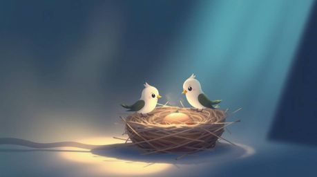 A captivating illustration showcases two cartoon birds meticulously constructing a nest in the style of classic animation.  T