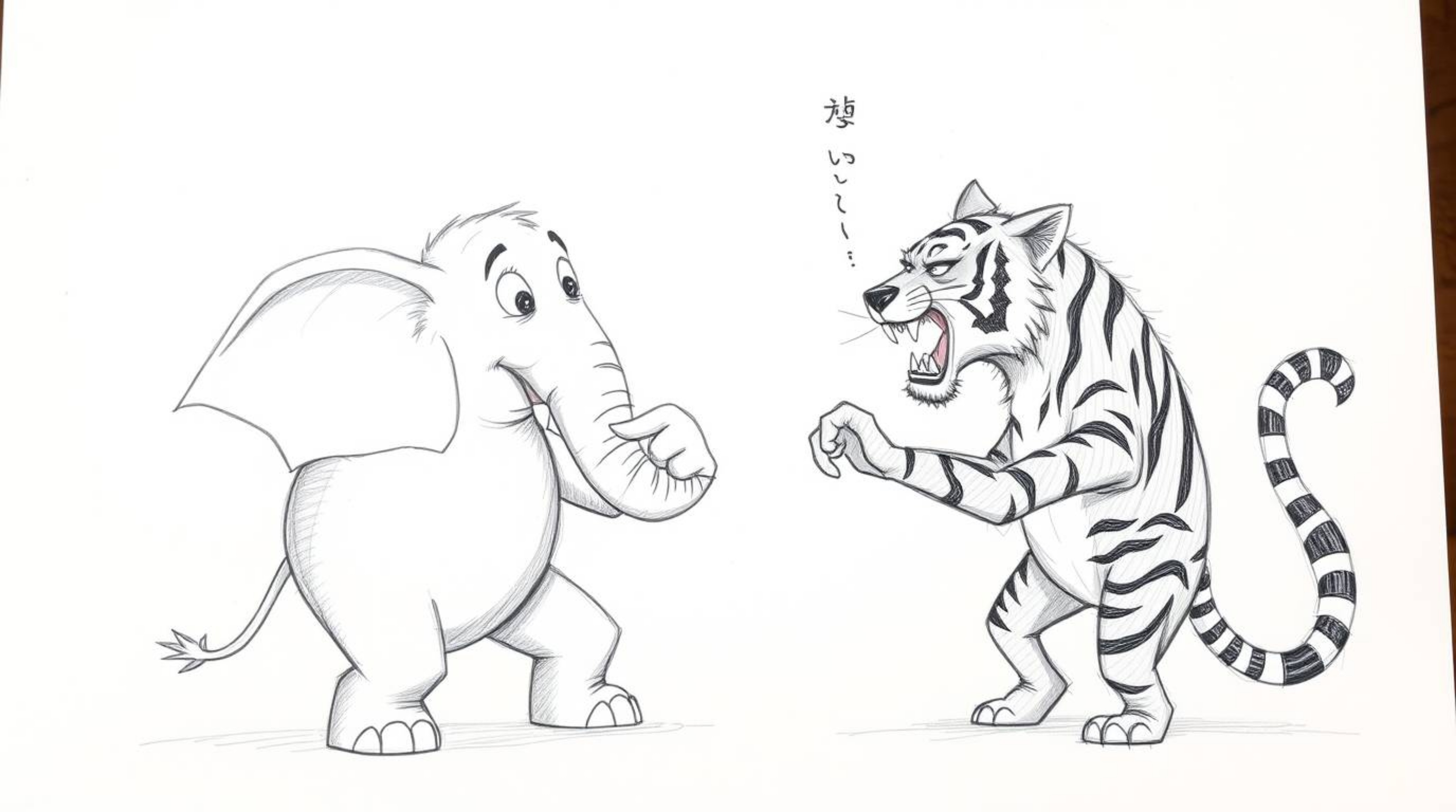 A hand-drawn sketch featuring an elephant and a tiger engaging in grand, heroic mischief of epic proportions.  This artwork c