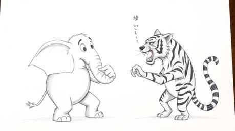 A hand-drawn sketch featuring an elephant and a tiger engaging in grand, heroic mischief of epic proportions.  This artwork c