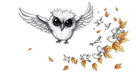 A heartwarming hand-drawn sketch in Pixar style depicting a blind owl with large, endearing eyes and fluffy feathers. This wi