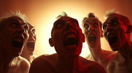 Experience a surreal and bizarre gross-out comedy moment featuring exaggerated expressions and silhouetted figures set agains