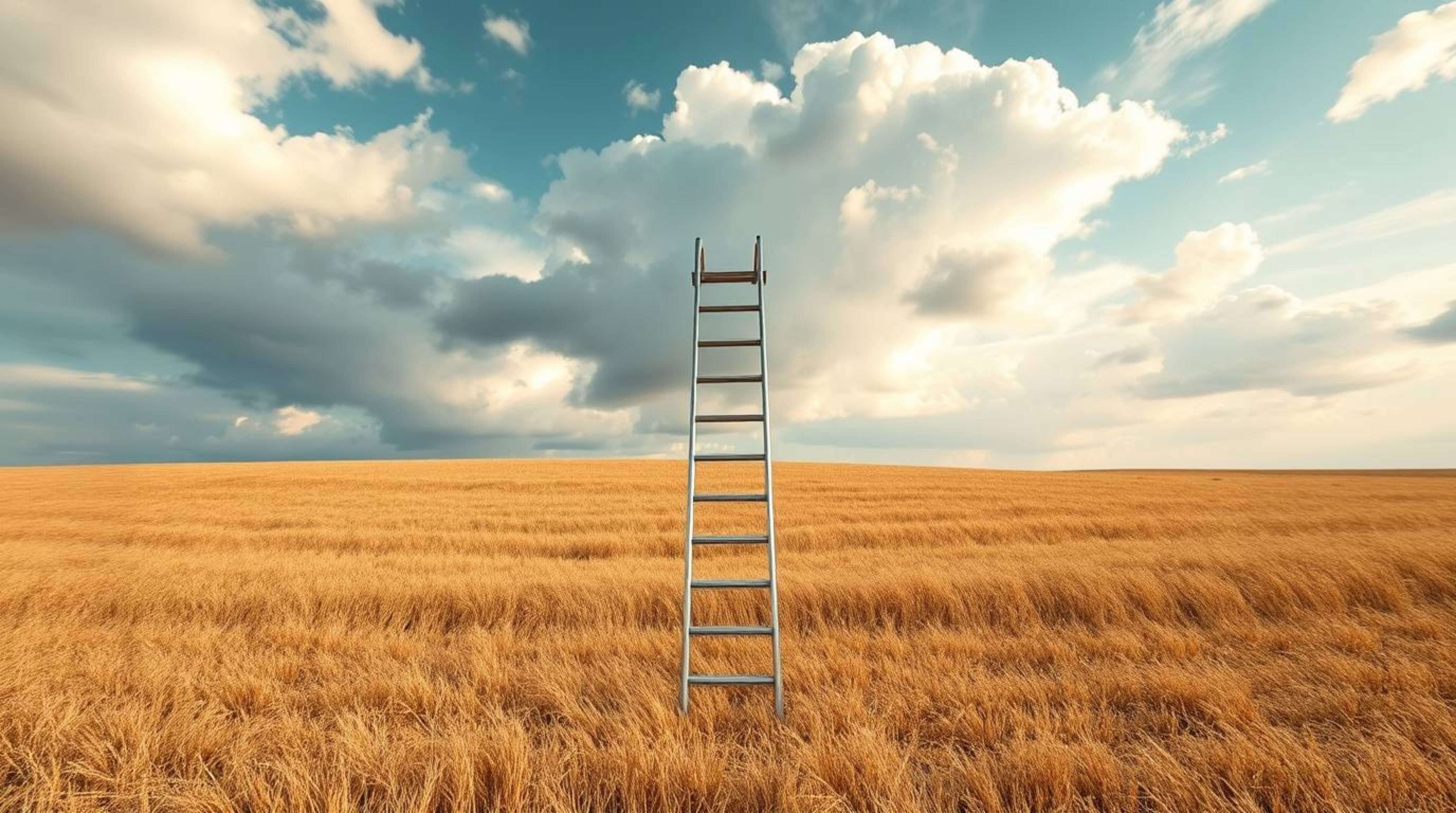 A minimalist scene featuring a silver ladder standing in an open field beneath a wide, cloudy sky. This composition serves as