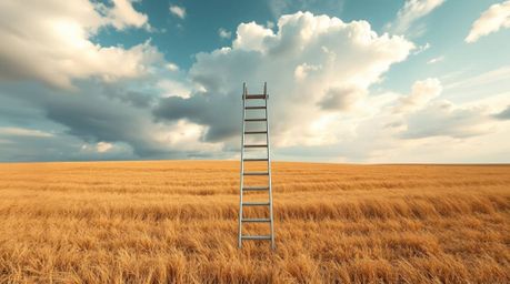 A minimalist scene featuring a silver ladder standing in an open field beneath a wide, cloudy sky. This composition serves as