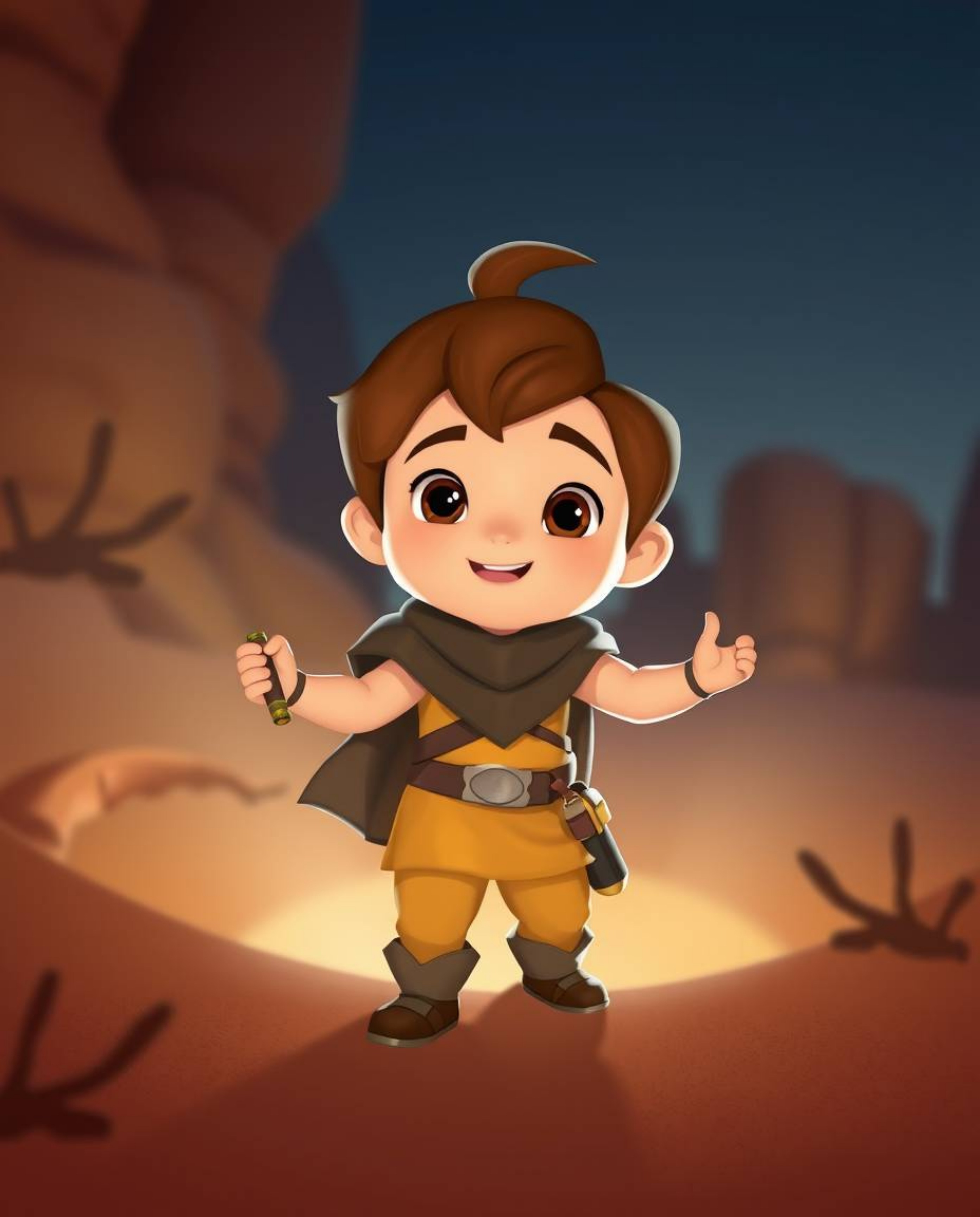 Embark on a charming desert adventure with an adorable and brave hero in a Disney-style setting. Illuminated by strong, hard