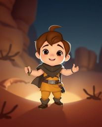 Embark on a charming desert adventure with an adorable and brave hero in a Disney-style setting. Illuminated by strong, hard