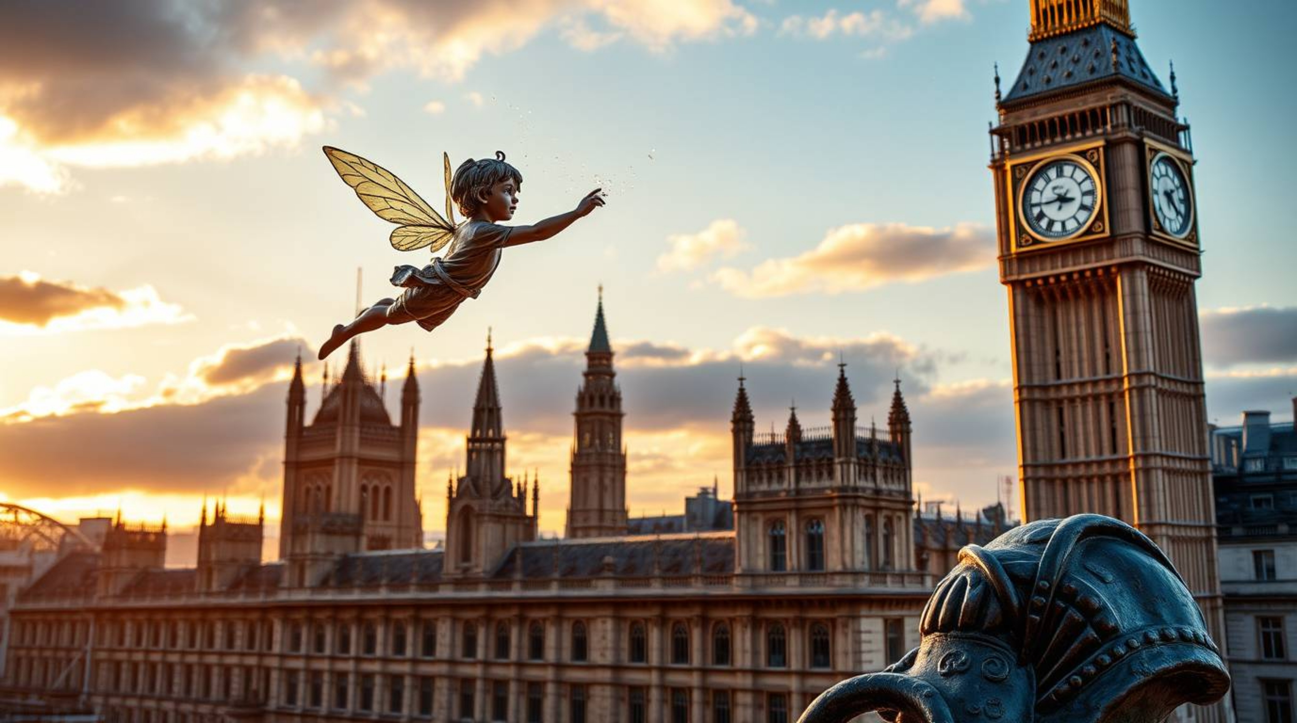 A captivating cast bronze sculpture portrays a young boy soaring above London, propelled by shimmering pixie dust, bathed in