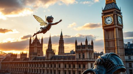 A captivating cast bronze sculpture portrays a young boy soaring above London, propelled by shimmering pixie dust, bathed in 