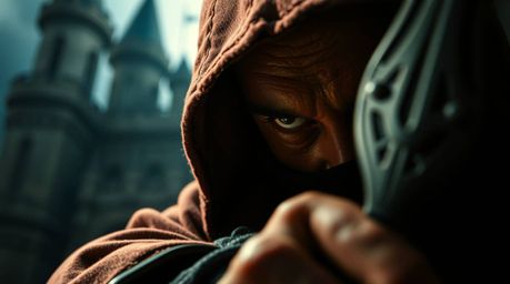 A thief attempts a daring infiltration of a heavily guarded castle, captured in extreme macro close-up with intense dramatic 