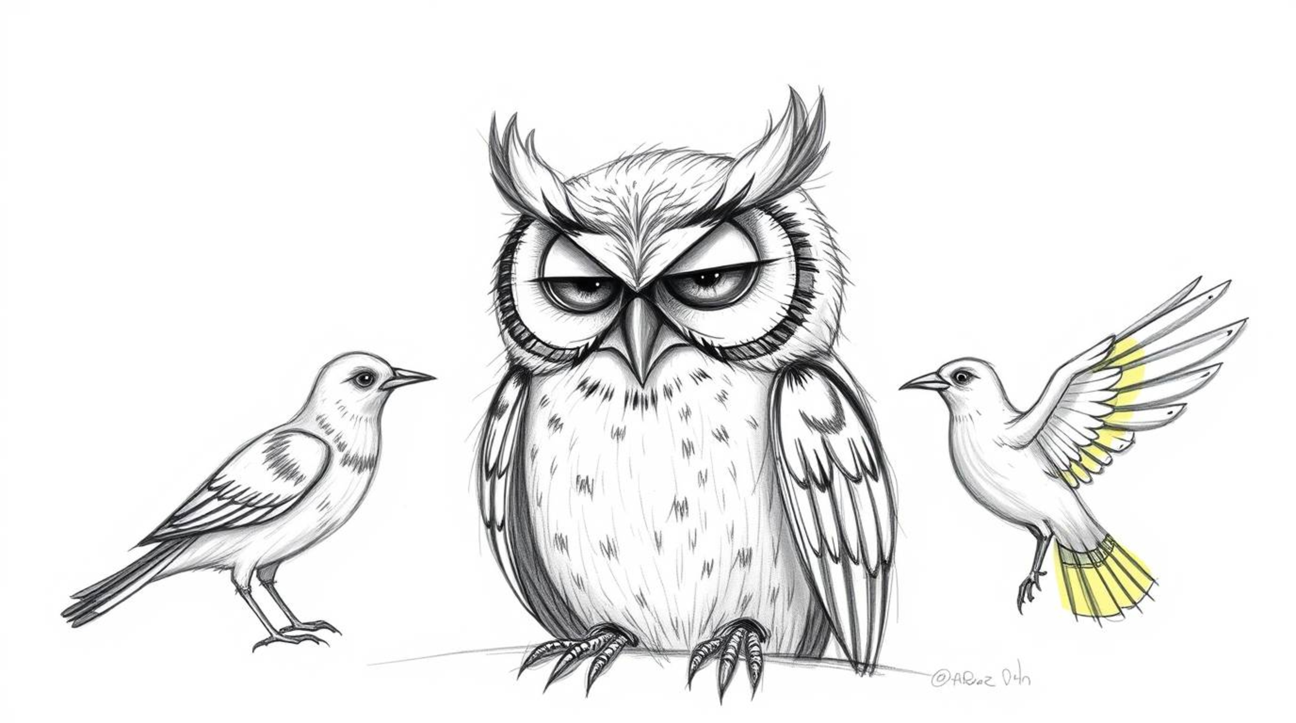 A wise-looking blind owl, rendered in a Pixar-inspired style with detailed feathers, acts as a mentor, teaching birds how to 