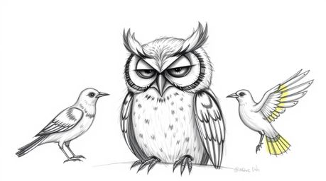 A wise-looking blind owl, rendered in a Pixar-inspired style with detailed feathers, acts as a mentor, teaching birds how to 