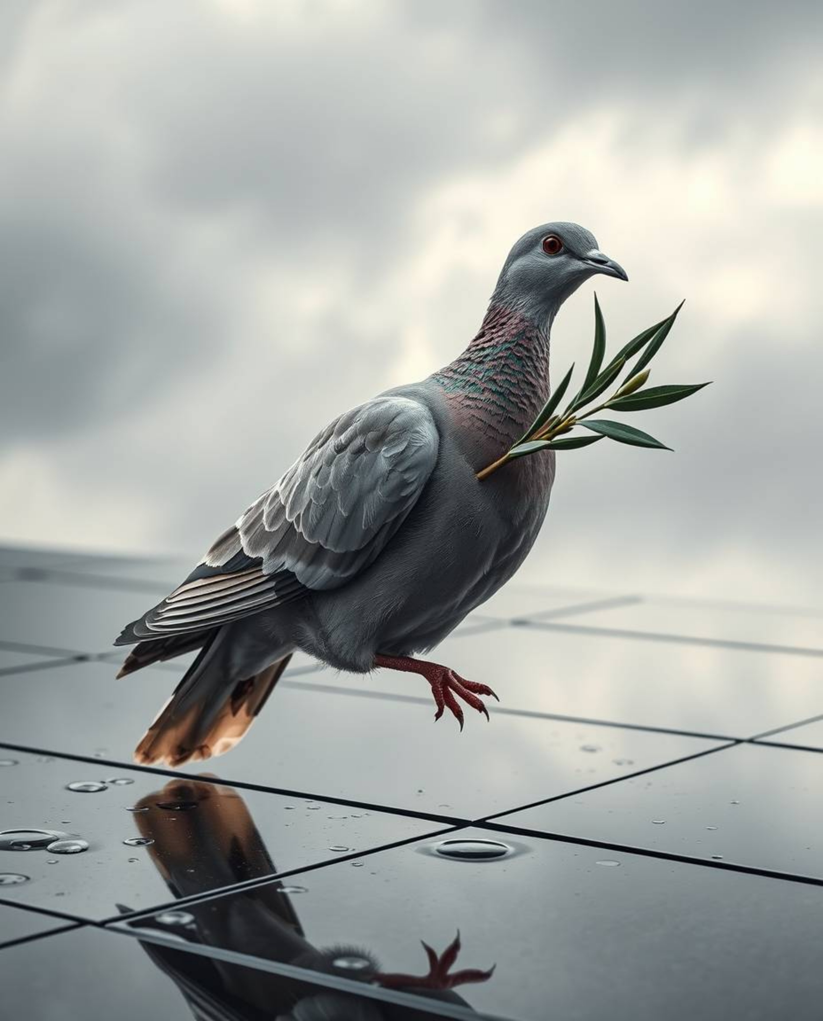 A captivating close-up image depicts a dove carrying an olive branch amidst a dramatic stormy sky. Drizzling rain and reflect