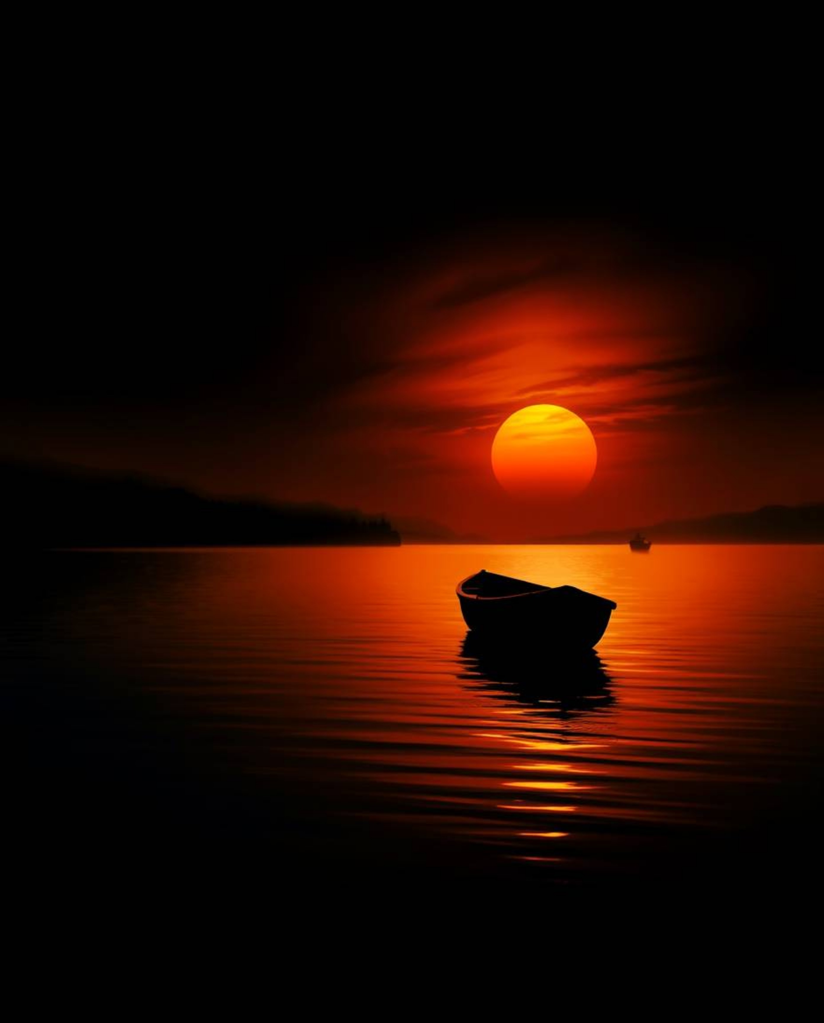 A boat adrift on a sunset lake, depicted in high contrast, low-key lighting, a moody style with dramatic shadows and deep bla